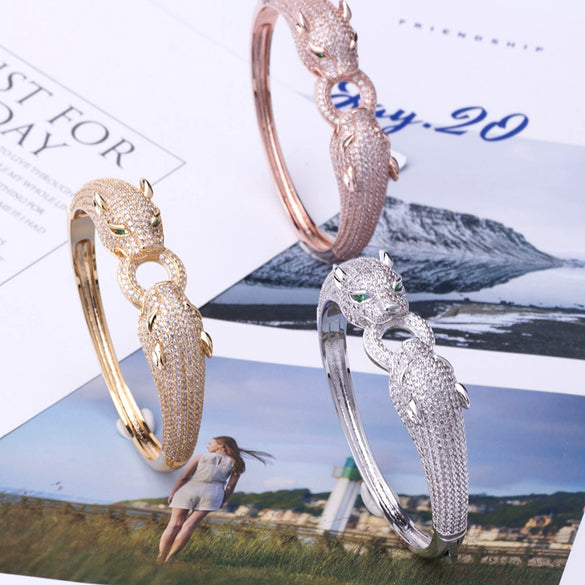Retro Leopard Full Rhinestone Double Ended Bracelet Ring Set Electroplated Copper Fashion Hand Jewelry For Women