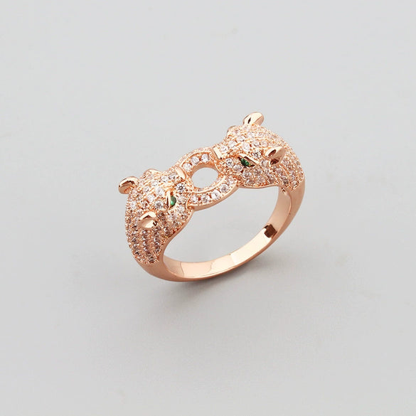 Retro Leopard Full Rhinestone Double Ended Bracelet Ring Set Electroplated Copper Fashion Hand Jewelry For Women