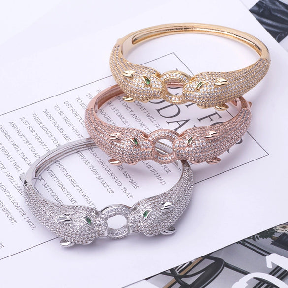 Retro Leopard Full Rhinestone Double Ended Bracelet Ring Set Electroplated Copper Fashion Hand Jewelry For Women