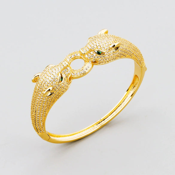 Retro Leopard Full Rhinestone Double Ended Bracelet Ring Set Electroplated Copper Fashion Hand Jewelry For Women