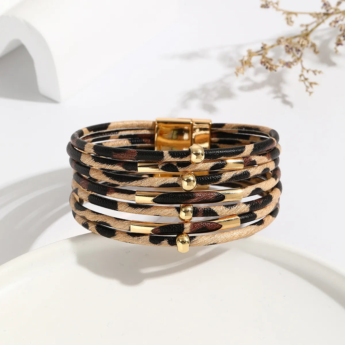 Retro Leopard Pu Leather Copper Unisex Bangle