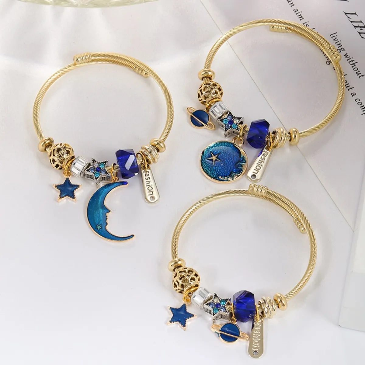 Retro Letter Star Moon Stainless Steel Alloy Resin Inlay Artificial Gemstones Unisex Bangle