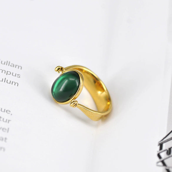 Retro Light Luxury Copper Ring With Green Gemstone Inlay Oval U Shaped Geometric Electroplated Fashion Ring For Women And Men
