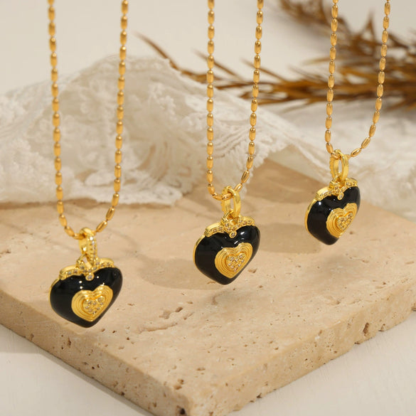 Retro Light Luxury Enamel Glazed 316L Stainless Steel Heart Pendant Necklace For Women's Jewelry