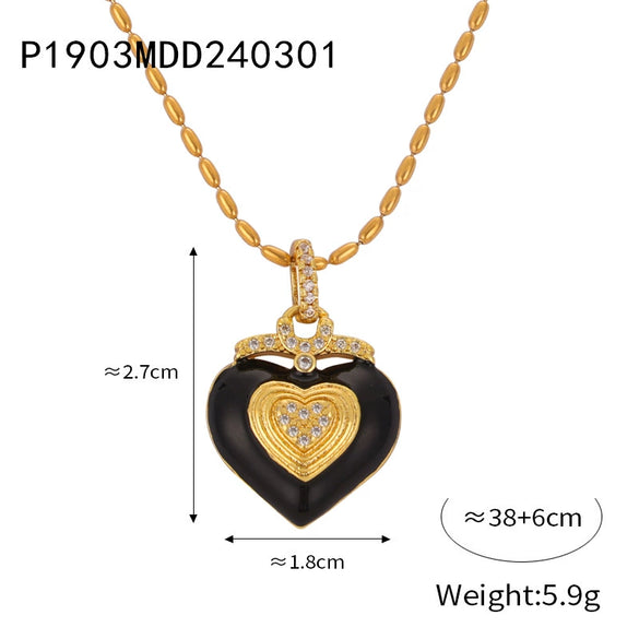 Retro Light Luxury Enamel Glazed 316L Stainless Steel Heart Pendant Necklace For Women's Jewelry