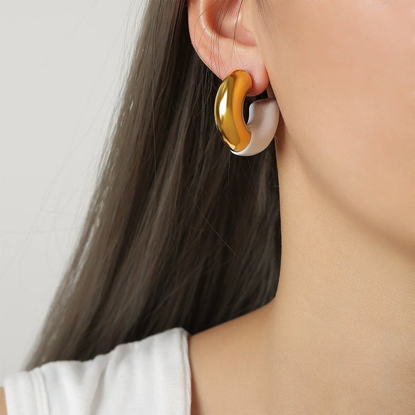 Retro Light Luxury Niche Design 316L Stainless Steel Gold Plated Geometric C Shaped Glazed Dripping Oil Earrings For Women
