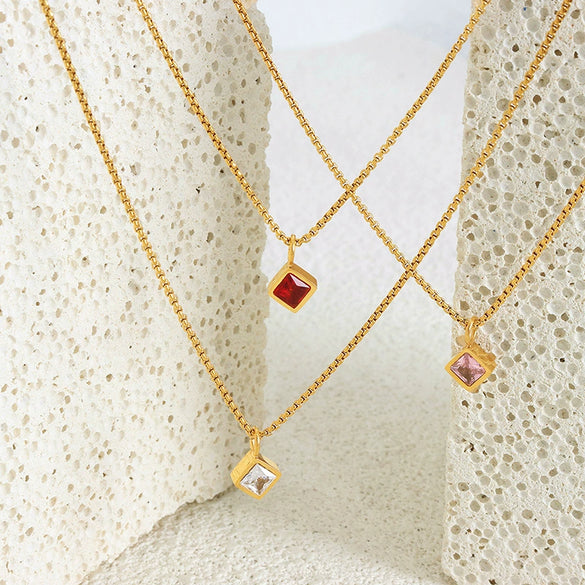Retro Light Luxury Square Mixed Gem Inlay Multicolor Zircon Pendant 316L Stainless Steel Necklace Jewelry With Electroplating And Geometric Design
