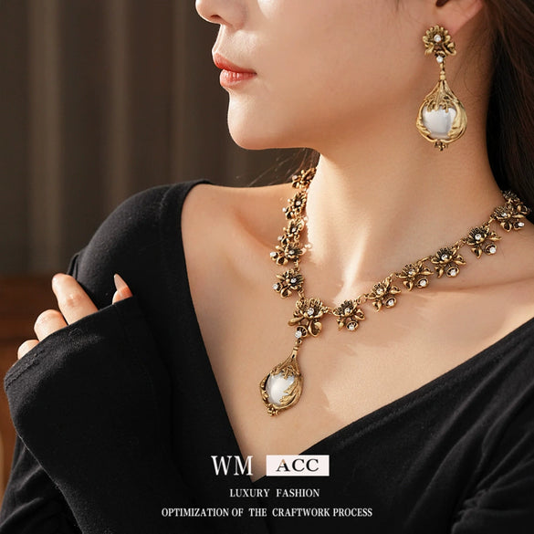 Retro Light Luxury Women's Alloy Pendant Imitation Pearl Earrings With Silver Needle Diamond Flower Pattern And Electroplating Design