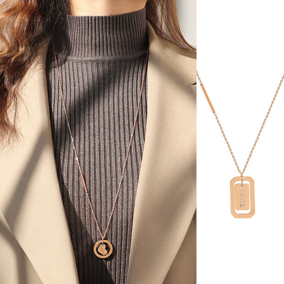 Retro Lucky Chain Heart Necklace 316L Stainless Steel 18K Gold Plated Women's