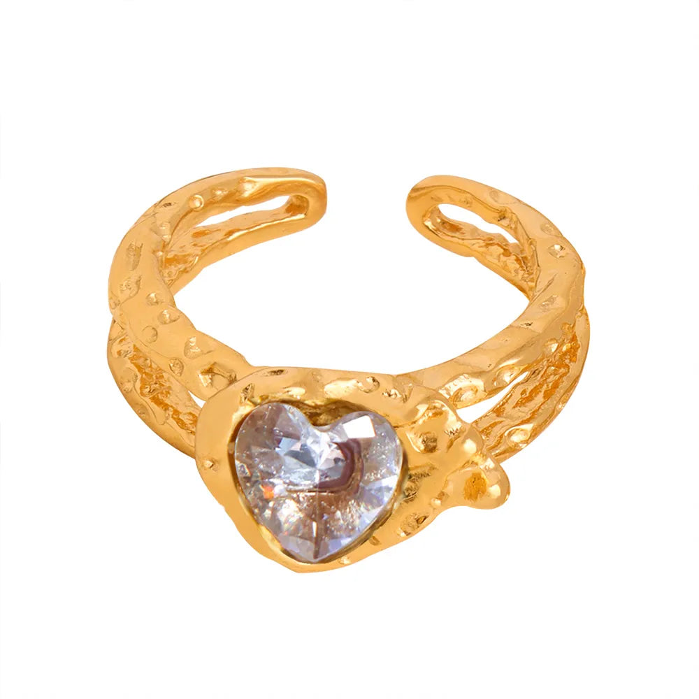 Retro Luxurious French Style Geometric Heart Shape Copper Plating Inlay Zircon 18k Gold Plated Open Rings