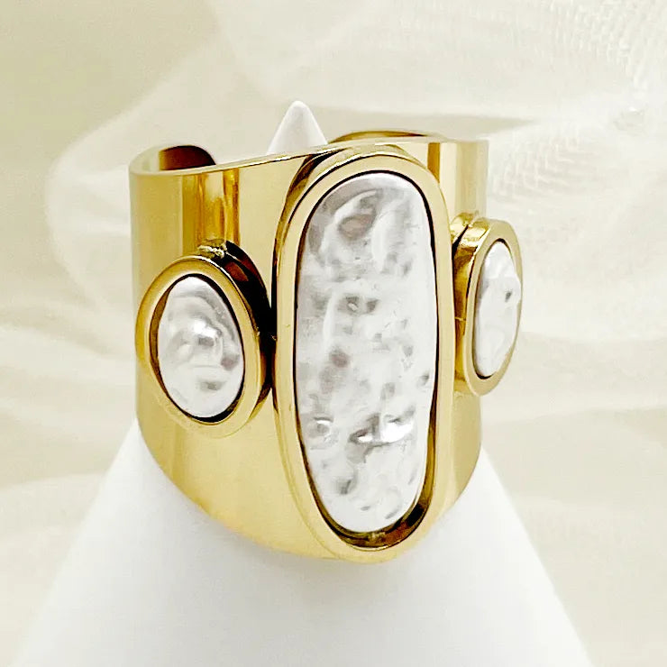 304 Stainless Steel 14K Gold Plated Retro Luxurious Polishing Plating Inlay Irregular Shell Open Ring