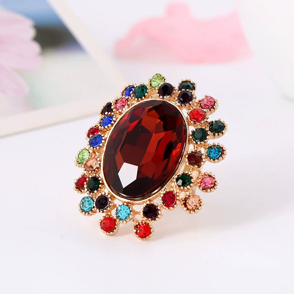 Retro Luxury Alloy Adjustable Open Ring With Crystal Glass Diamond Flower Design For Couples