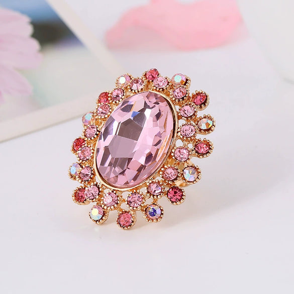 Retro Luxury Alloy Adjustable Open Ring With Crystal Glass Diamond Flower Design For Couples