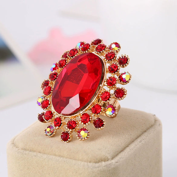 Retro Luxury Alloy Adjustable Open Ring With Crystal Glass Diamond Flower Design For Couples