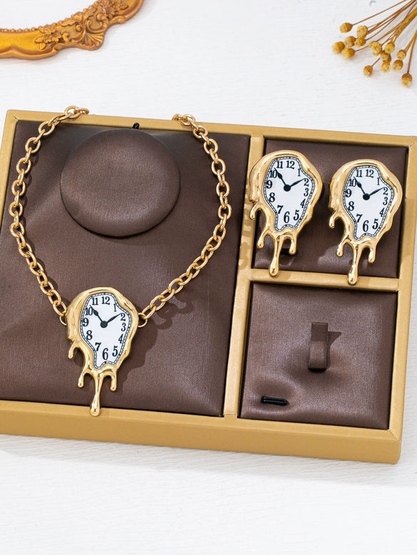 Retro Melting Clock Necklace And Earrings Set Artistic Exaggerated Alloy Jewelry With Electroplated Finish For Women