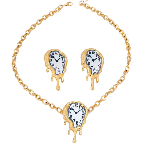 Retro Melting Clock Necklace And Earrings Set Artistic Exaggerated Alloy Jewelry With Electroplated Finish For Women