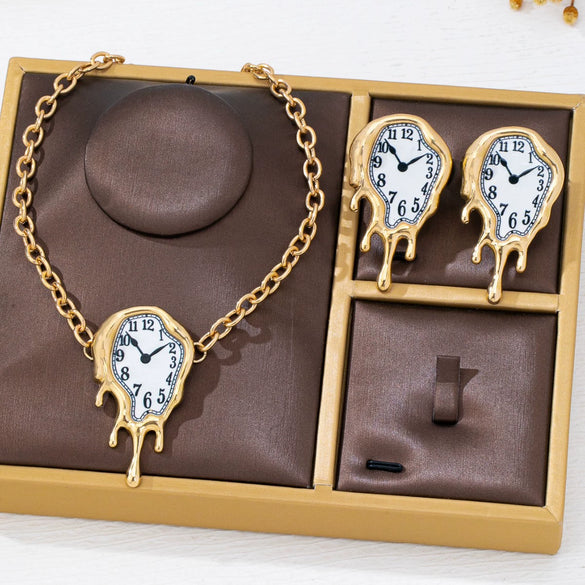 Retro Melting Clock Necklace And Earrings Set Artistic Exaggerated Alloy Jewelry With Electroplated Finish For Women