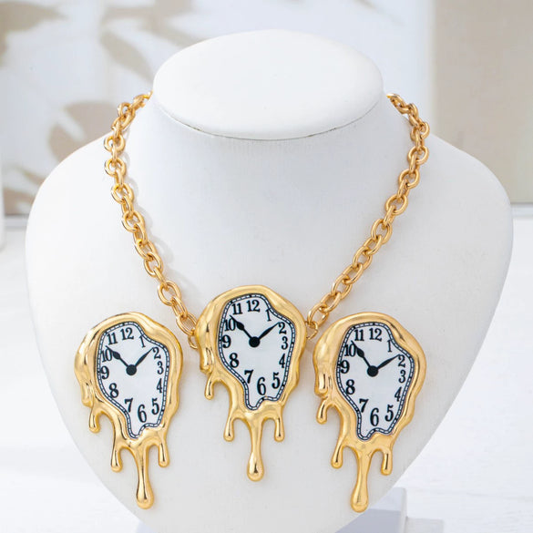 Retro Melting Clock Necklace And Earrings Set Artistic Exaggerated Alloy Jewelry With Electroplated Finish For Women