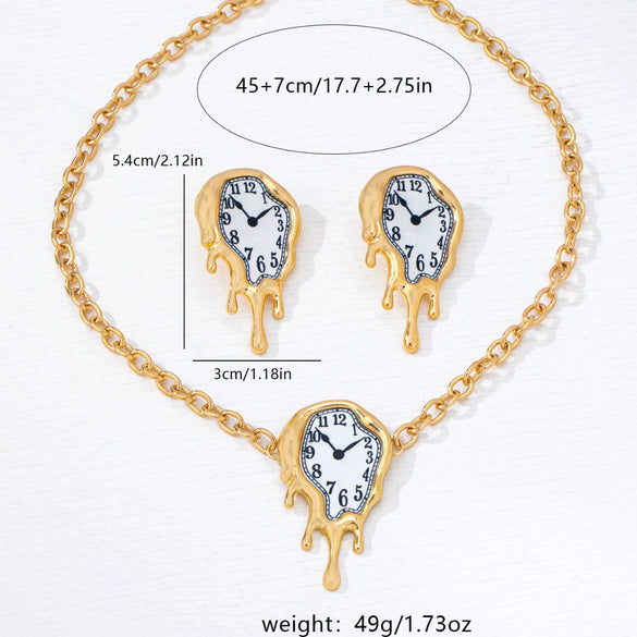 Retro Melting Clock Necklace And Earrings Set Artistic Exaggerated Alloy Jewelry With Electroplated Finish For Women