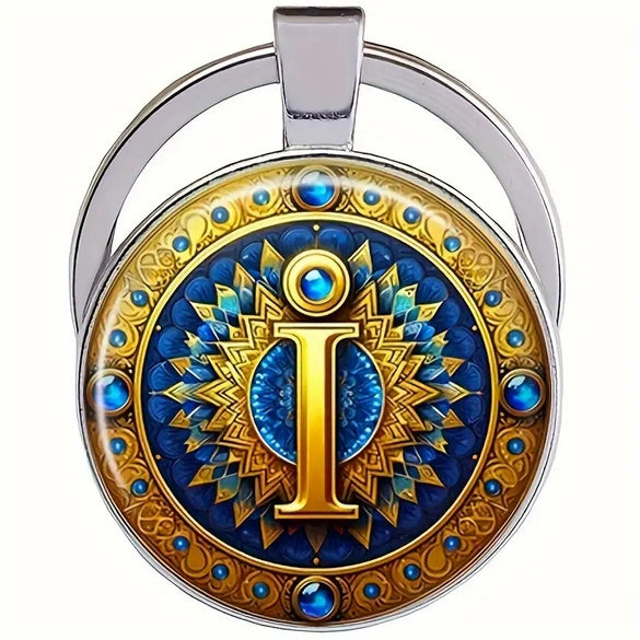 Retro Metal Letter Keychain With Round Alloy Key Ring And Glass Cabochon
