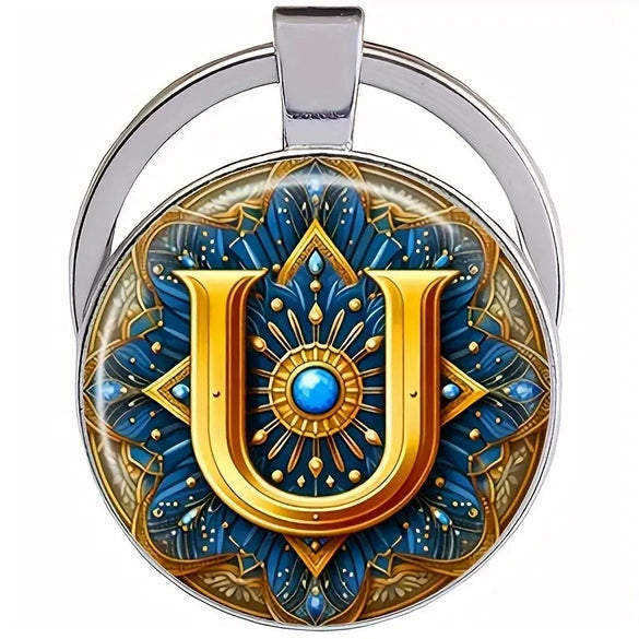 Retro Metal Letter Keychain With Round Alloy Key Ring And Glass Cabochon