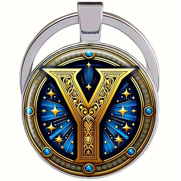 Retro Metal Letter Keychain With Round Alloy Key Ring And Glass Cabochon