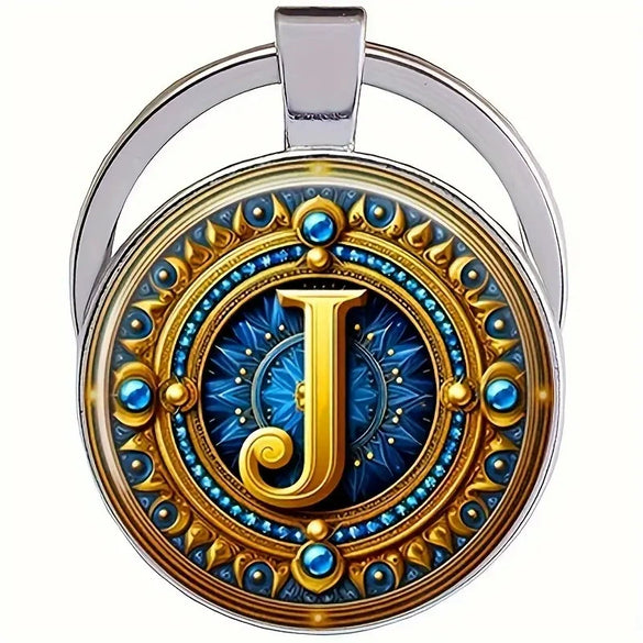 Retro Metal Letter Keychain With Round Alloy Key Ring And Glass Cabochon