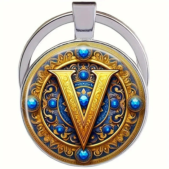 Retro Metal Letter Keychain With Round Alloy Key Ring And Glass Cabochon