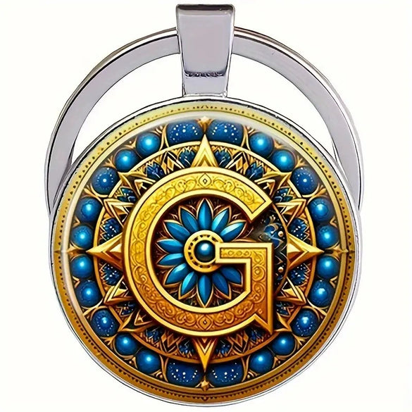 Retro Metal Letter Keychain With Round Alloy Key Ring And Glass Cabochon