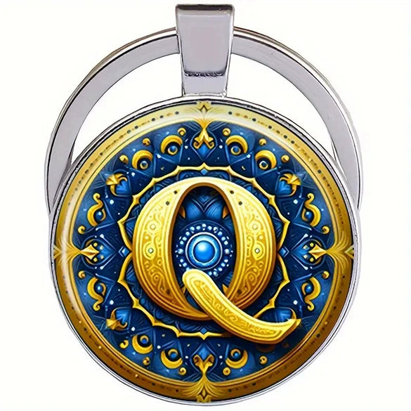 Retro Metal Letter Keychain With Round Alloy Key Ring And Glass Cabochon