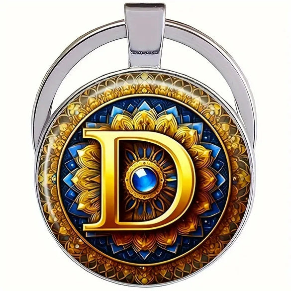 Retro Metal Letter Keychain With Round Alloy Key Ring And Glass Cabochon