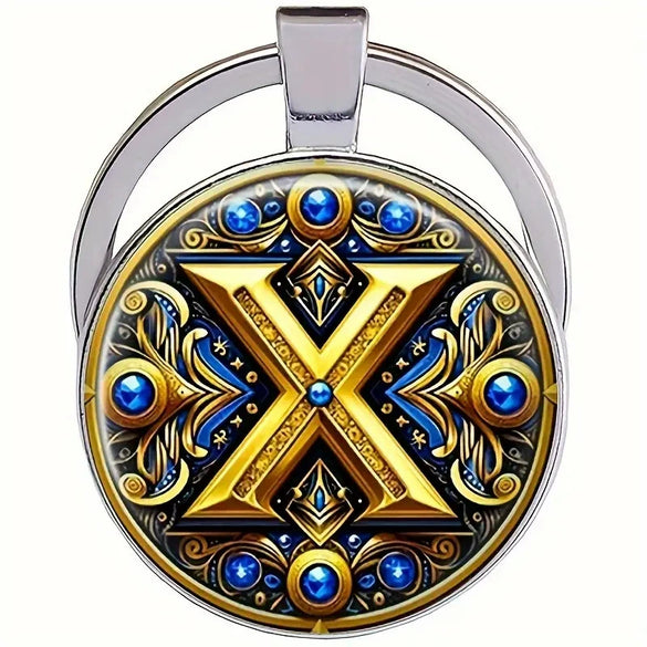 Retro Metal Letter Keychain With Round Alloy Key Ring And Glass Cabochon