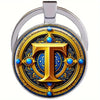 Retro Metal Letter Keychain With Round Alloy Key Ring And Glass Cabochon