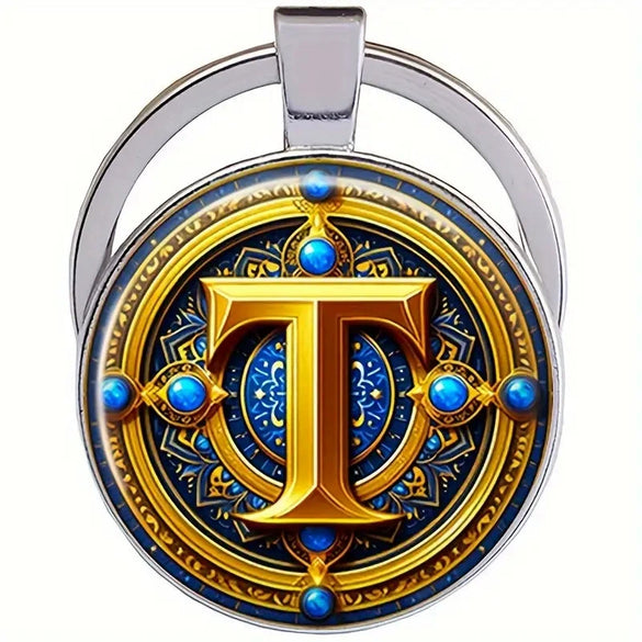 Retro Metal Letter Keychain With Round Alloy Key Ring And Glass Cabochon