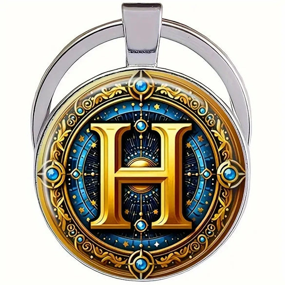 Retro Metal Letter Keychain With Round Alloy Key Ring And Glass Cabochon