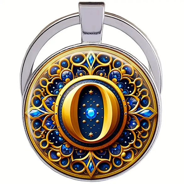 Retro Metal Letter Keychain With Round Alloy Key Ring And Glass Cabochon
