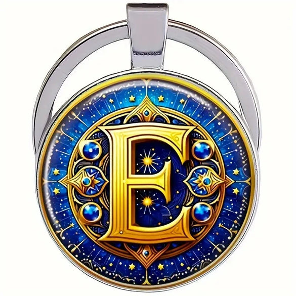 Retro Metal Letter Keychain With Round Alloy Key Ring And Glass Cabochon