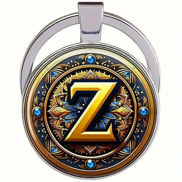 Retro Metal Letter Keychain With Round Alloy Key Ring And Glass Cabochon