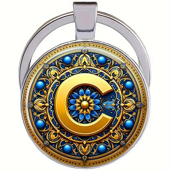 Retro Metal Letter Keychain With Round Alloy Key Ring And Glass Cabochon