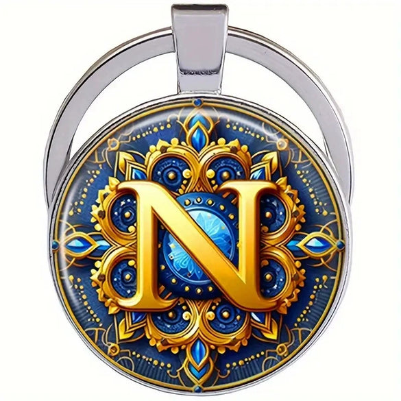Retro Metal Letter Keychain With Round Alloy Key Ring And Glass Cabochon