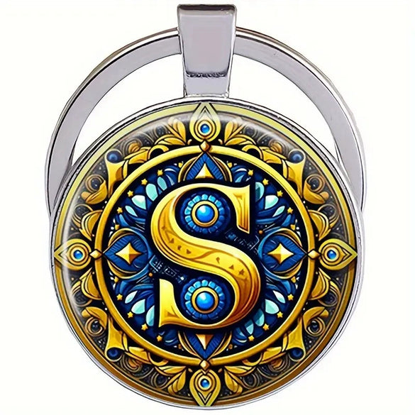 Retro Metal Letter Keychain With Round Alloy Key Ring And Glass Cabochon