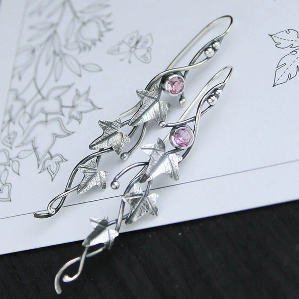 Retro Metal Plant Leaf Vine Diamond Earrings For Women