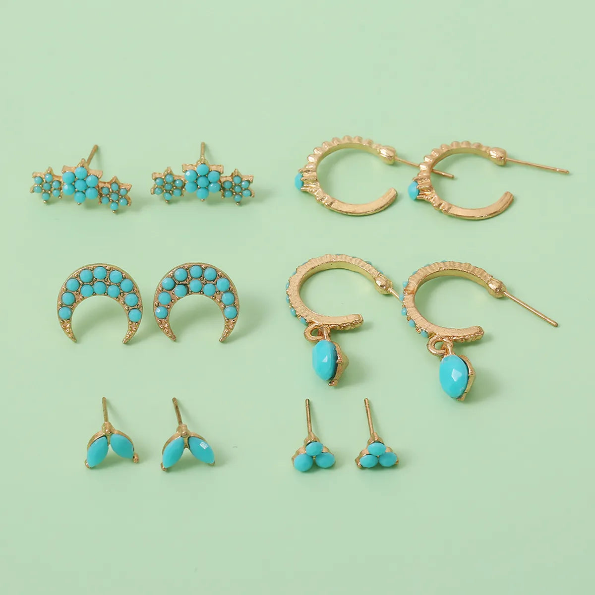 Retro Metal Turquoise Star Moon Leaf Geometric Earring Set