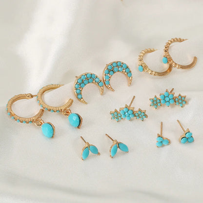 Retro Metal Turquoise Star Moon Leaf Geometric Earring Set