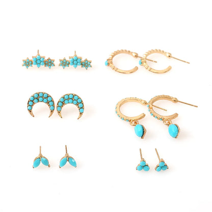 Retro Metal Turquoise Star Moon Leaf Geometric Earring Set