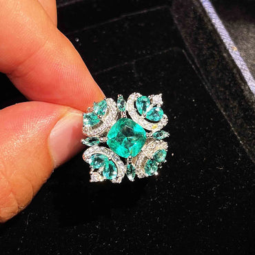 Retro Micro-embellished Diamond Imitation Natural Paraiba Green Diamond Copper Ring