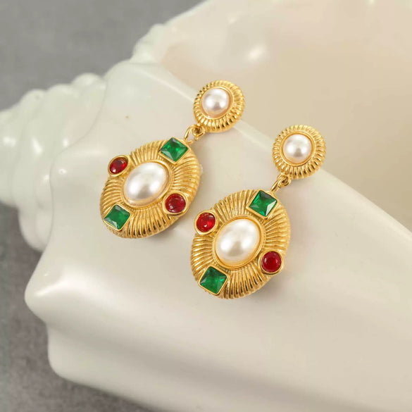 Retro Midcentury Style Exaggerated Geometric Earrings Stainless Steel 18K Gold Plated Inlaid With Pearls And Zircons