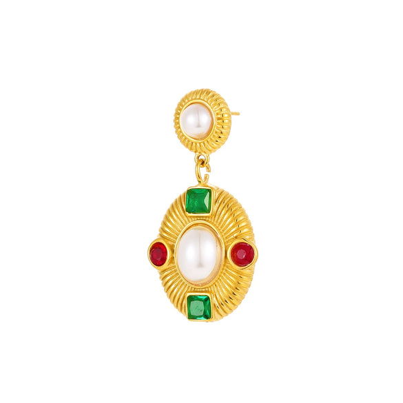 Retro Midcentury Style Exaggerated Geometric Earrings Stainless Steel 18K Gold Plated Inlaid With Pearls And Zircons