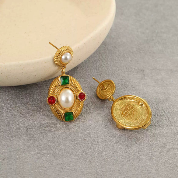 Retro Midcentury Style Exaggerated Geometric Earrings Stainless Steel 18K Gold Plated Inlaid With Pearls And Zircons