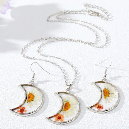 Retro Moon Flower Alloy Epoxy Alloy Women's Ear Studs Necklace